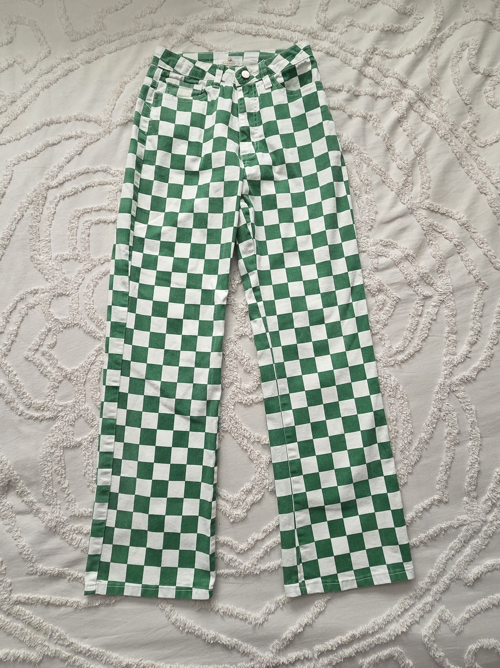 Green Checkered Wide-Leg Jeans